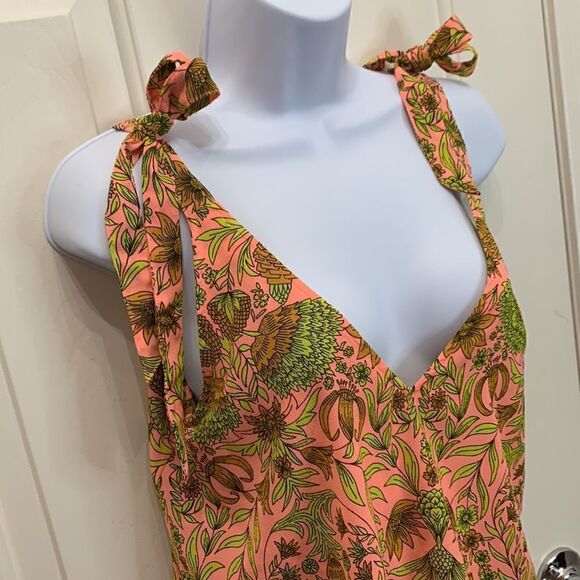 H&M Size 8 V Neck Sleeveless Tie Strap Zip Back Orange Green Gold Shorts Romper - Picture 3 of 12
